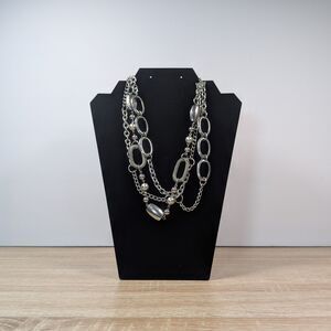 20" Multi-Strand Silver Tone Chain Necklace – Oval Links & Bead Accents  Layered